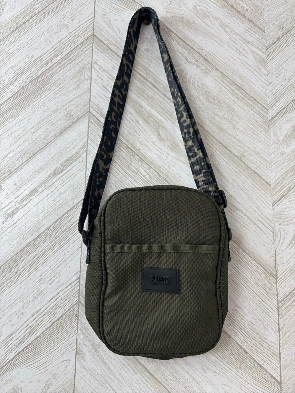 PINK Victoria's Secret Olive Green Crossbody with Leopard Print Strap